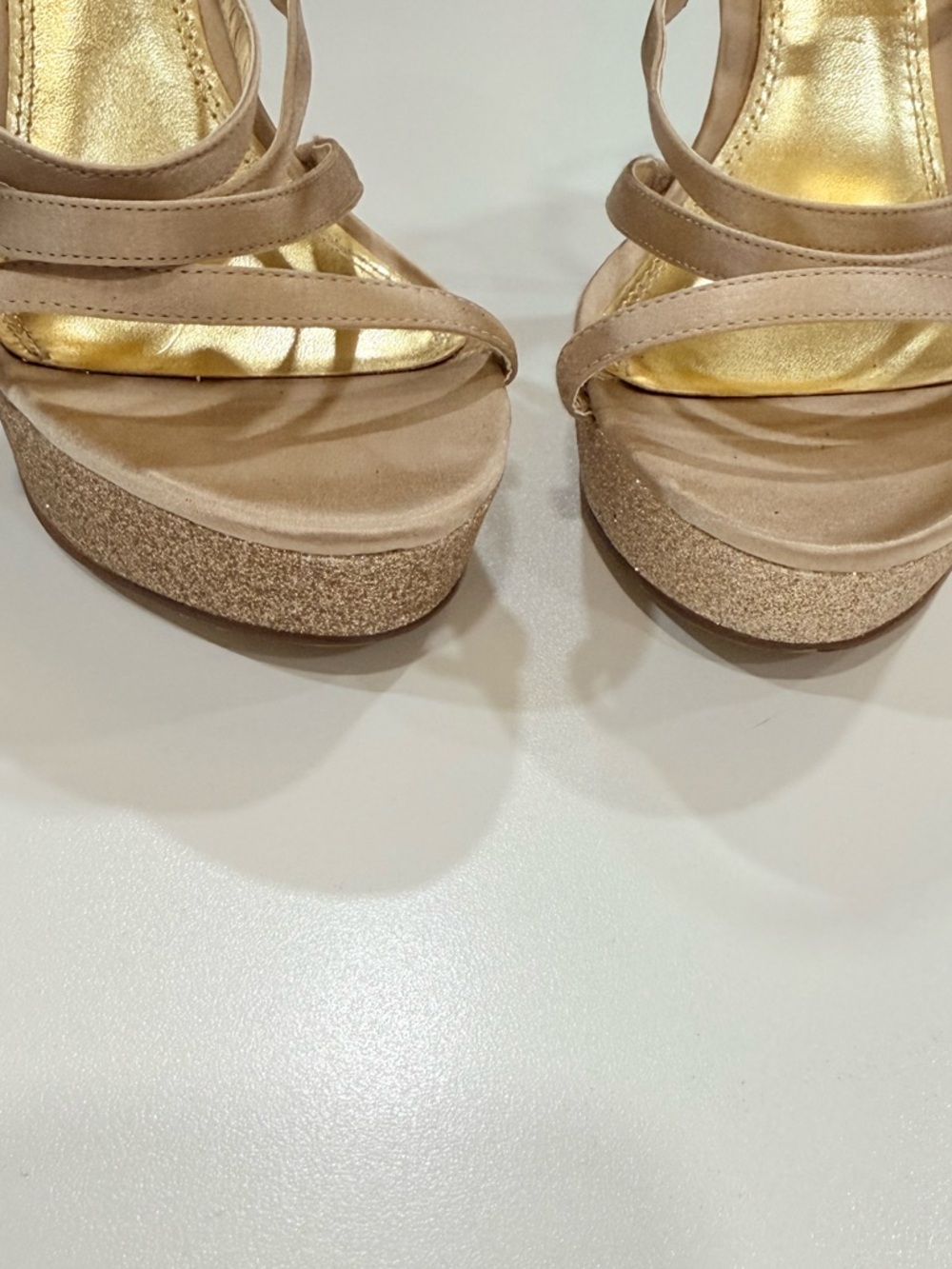 Nine West Nude Gold Glitter Platform Heels Strappy Stiletto Sandals Size 8 - Picture 6 of 17